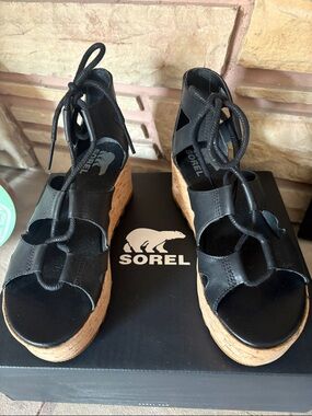 Sorel Black Leather Lace-Up Cork Wedge Sandals